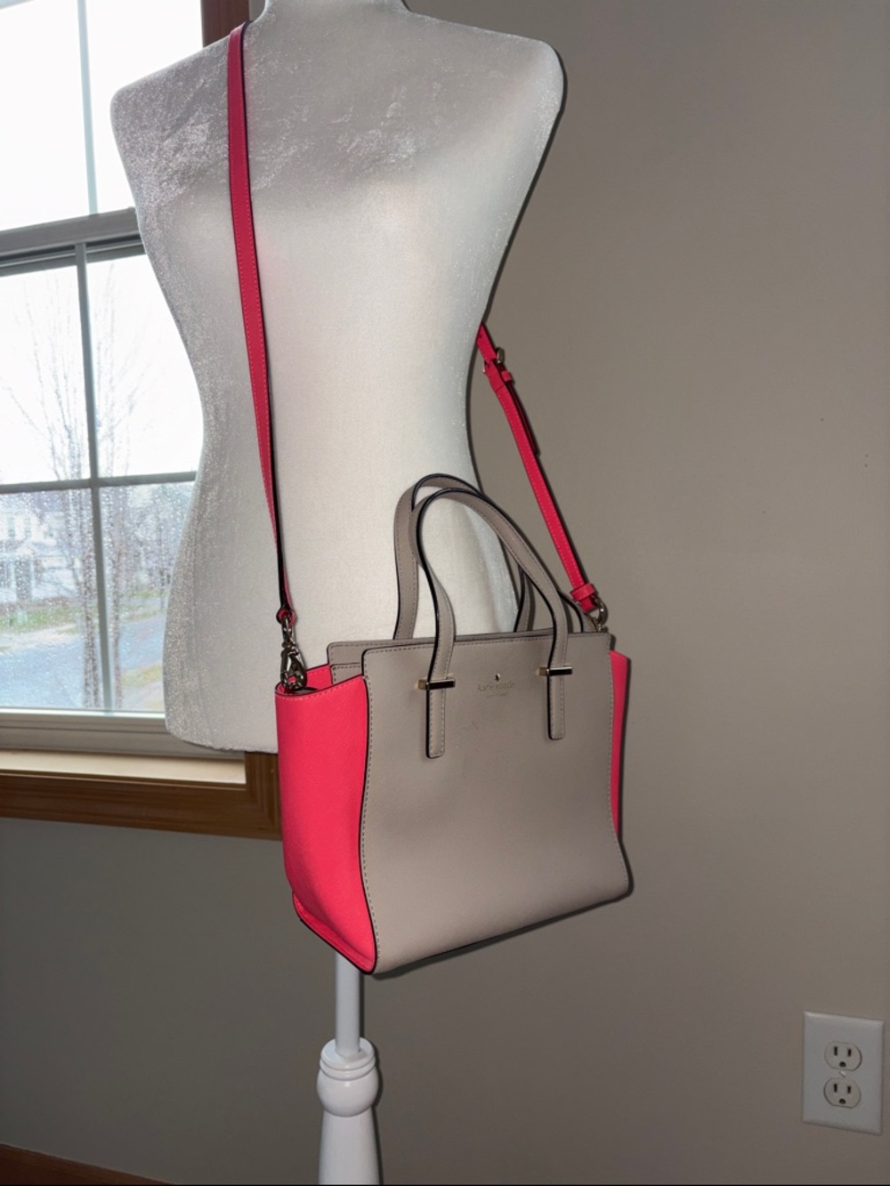 kate spade Hayden Gray with Pink Panel Leather Satchel w/ crossbody strap EUC 🙌 - Picture 13 of 13
